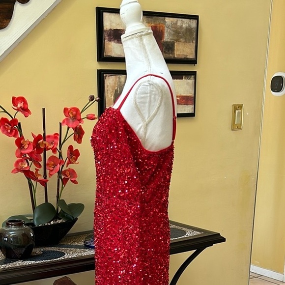Women’s Red Sequin Thigh Slit Sleeveless Spaghetti Strap Cocktail Party Dress XL - Picture 7 of 14